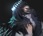  1boy bangs black_background black_hair black_wings blue_eyes eyebrows_visible_through_hair fang fate/grand_order fate_(series) fur_trim glowing hair_between_eyes hand_to_own_mouth hands_up highres male_focus oberon_(fate) ragu_(ragu00) shirt simple_background smile solo spoilers white_shirt wings 