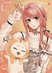  1girl ^_^ absurdres ahoge animal arm_cutout bare_shoulders birthday black_bow black_ribbon bow bow_choker bowtie brown_eyes buttons cat center_frills chinese_commentary choker cloak closed_eyes closed_mouth clothed_animal clothing_cutout commentary_request ear_covers eyelashes frilled_shirt frilled_sleeves frills hair_bow hair_ribbon hand_on_headwear happy hat highres hood hood_up hooded_cloak infinity_nikki leer567325 light_blush lipstick long_hair long_sidelocks long_sleeves low_twintails makeup momo_(nikki) navel neck_ribbon nikki_(nikki) nikki_(series) open_mouth orange_background palms party_hat perfect_start_(infinity_nikki) pink_bow pink_bowtie pink_choker pink_hair pink_hat pink_lips pom_pom_(clothes) print_sleeves puffy_long_sleeves puffy_sleeves recording red_bow red_bowtie ribbon see-through_clothes see-through_sleeves shirt shoulder_cutout sidelocks single_stripe sleeves_past_wrists smile snowflake_print striped_bow striped_bowtie striped_choker striped_clothes striped_headwear traditional_bowtie tress_ribbon twintails upper_body viewfinder wavy_hair whiskers white_cat white_shirt yellow_cloak yellow_ribbon 