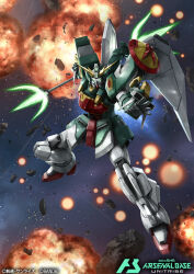 altron_gundam beam_trident card_(medium) commentary_request copyright_logo copyright_name copyright_notice energy_weapon gundam gundam_arsenal_base gundam_wing logo mecha mecha_focus mobile_suit official_art polearm robot space tomo_(machinemess) trident v-fin weapon 