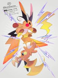  blue_eyes brown_eyes chikafuji electricity fang full_body highres lightning_bolt_symbol mega_pokemon mega_raichu_x mega_raichu_y multiple_tails no_humans open_mouth orange_fur pokemon pokemon_(creature) pokemon_focus pokemon_legends:_z-a raichu smile tail very_long_ears very_long_tail yellow_fur 