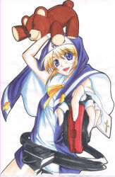  1boy :d arm_up bare_arms bike_shorts black_gloves black_shorts blonde_hair blue_eyes blue_veil blue_vest bridget_(guilty_gear) button_eyes buttons cowboy_shot cropped_legs cross cross_print fingerless_gloves gloves guilty_gear guilty_gear_xx guimpe holding holding_stuffed_toy holding_toy latin_cross looking_at_viewer male_focus minoura-mino neck_ribbon nun object_belt open_mouth outstretched_arms oversized_object print_wrist_cuffs reaching reaching_towards_viewer ribbon roger_(guilty_gear) shirt shorts sidelocks simple_background sleeveless sleeveless_shirt smile stitches stuffed_animal stuffed_toy teddy_bear toy trap two-sided_veil veil vest white_background white_shirt white_trim white_wrist_cuffs wrist_cuffs yellow_ribbon yo-yo 