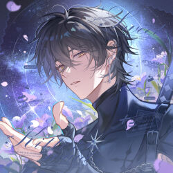  1boy absurdres black_hair chain crossed_bangs earrings eyelashes falling_petals fingerless_gloves fingernails flower gloves hair_between_eyes highres jewelry looking_at_viewer male_focus mole mole_under_eye night night_sky open_hand original outdoors parted_lips petals purple_flower purple_petals short_hair single_earring sky solo turtleneck upper_body watermark xuan_xuan_xuan_za yellow_eyes 