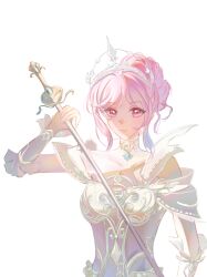  1girl absurdres armor backlighting bare_shoulders breastplate chinese_commentary closed_mouth clothing_cutout collar collarbone commentary_request detached_collar dress earrings eyelashes frilled_arm_warmers hair_bun high_collar highres holding holding_sword holding_weapon infinity_nikki jewelry lace_collar light_blush lips melody_bloom_(infinity_nikki) nikki_(nikki) nikki_(series) pink_eyes pink_hair rapier see-through_collar short_hair short_hair_with_long_locks short_sleeves shoulder_cutout shuiguo_wushi sidelocks simple_background single_hair_bun smile solo sword tiara updo upper_body variant_set wavy_hair weapon white_arm_warmers white_background white_collar white_dress 