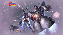  a_baoa_qu absurdres battle battle_damage beam_rifle copyright_name damaged debris destruction earth_federation earth_federation_space_forces energy_gun fighting_stance gun gundam highres holding holding_beam_saber holding_gun holding_shield holding_weapon logo machinery markings mecha mecha_focus mobile_suit mobile_suit_gundam morishita_naochika no_humans official_art one-eyed pink_eyes rifle robot rx-78-2_gundam science_fiction shield space v-fin weapon wreckage yellow_eyes zeon zeong 