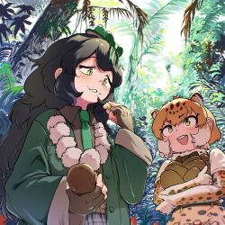  2girls animal_ears animal_print black_hair blonde_hair blush bow brown_gloves brown_shirt collared_shirt eating elbow_gloves extra_ears fascinator fingerless_gloves fur_collar gloves green_bow green_eyes green_jacket green_necktie grey_skirt hair_between_eyes hat hat_bow high-waist_skirt highres jacket jaguar_(kemono_friends) jaguar_ears jaguar_girl jungle kemono_friends leopard_print long_hair long_sleeves mcgunngu multicolored_hair multiple_girls nature necktie open_mouth plaid_clothes plaid_skirt pleated_skirt print_gloves print_skirt sagojo_(kemono_friends) shirt short_hair sidelocks skirt white_fur white_gloves white_hair yellow_eyes yellow_gloves yellow_skirt 