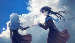  2girls black_hair brown_dress ceras_yanagida_lilienfeld clouds commentary cropped cumulonimbus_cloud dress english_commentary floating_hair grey_hair hair_ornament hasu_no_sora_school_uniform highres jellyfish_cut katsuragi_izumi link!_like!_love_live! long_hair long_sleeves looking_at_another love_live! medium_dress multiple_girls neckerchief orange_eyes photo_background pleated_dress sailor_collar sailor_dress school_uniform taking_another's_hand triangle_hair_ornament turtleneck virtual_youtuber white_sailor_collar winter_uniform yellow_neckerchief yrxy_settingsun 