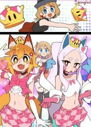animal_ears bongftah crown fox_ears fox_girl fox_tail long_hair medium_hair multiple_girls pokemon senko_(sewayaki_kitsune_no_senko-san) serena_(pokemon) sewayaki_kitsune_no_senko-san shiro_(sewayaki_kitsune_no_senko-san) short_hair transformation