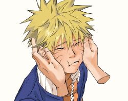  1boy 1other blonde_hair closed_eyes disembodied_hand facial_mark furrowed_brow hair_between_eyes hand_in_another's_hair hands_on_another's_cheeks hands_on_another's_face highres jacket male_focus naruto_(series) short_hair spiky_hair squishing toneanpo upper_body uzumaki_naruto whisker_markings white_background 