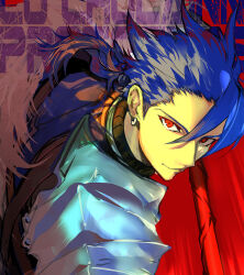  1boy armor blue_hair character_name cu_chulainn_(fate) cu_chulainn_(fate/prototype) earrings english_text fate/grand_order fate_(series) from_above holding holding_polearm holding_weapon jewelry looking_at_viewer partially_shaded_face pauldrons polearm red_eyes shadow shoulder_armor smirk solo spiky_hair suzuhi_(fullprayer) upper_body weapon 
