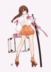  1girl braid brown_hair high_heels highres holding holding_suitcase holding_sword holding_weapon kantai_collection katana long_hair long_sleeves looking_at_viewer looking_back neve_(morris-minicooper) orange_eyes orange_shorts puffy_shorts scabbard sheath sheathed shirt short_shorts shorts single_braid solo souya_(kancolle) souya_agb_(kancolle) standing suitcase sword weapon white_shirt 