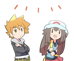  1girl :d bag belt blonde_hair blue_shirt blush breasts brown_eyes brown_hair closed_mouth commentary_request cowboy_shot crossed_arms deformed green_(pokemon) green_pants grey_jacket hair_between_eyes hat highres jacket jitome leaf_(pokemon) long_hair looking_up notice_lines open_mouth pants pokemon pokemon_frlg rascal_(feuille) red_skirt shirt shoulder_bag sidelocks skirt sleeveless sleeveless_shirt smile spiky_hair standing sweat v-shaped_eyebrows white_background white_hat wristband yellow_bag |_| 