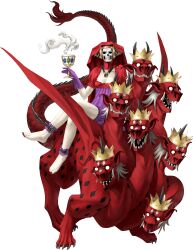  1girl absurdres alcohol barefoot blank_eyes chalice crossed_legs crown cup demon_(megami_tensei) dragon grey_hair highres holding holding_cup horns kazuma_kaneko monster mother_harlot_(megami_tensei) multiple_heads multiple_horns official_art pointy_ears riding shin_megami_tensei shin_megami_tensei_iii:_nocturne skull solo third-party_source transparent_background tusks wine wings 
