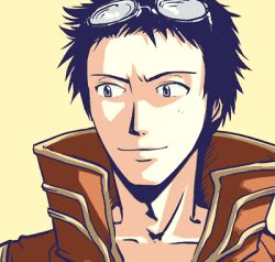  1boy black_hair closed_mouth coat commentary_request dated_commentary eyewear_on_head glasses grey_eyes looking_afar lowres male_focus oomojiya orange_coat portrait priest_(ragnarok_online) ragnarok_online short_bangs short_hair simple_background smile solo yellow_background 