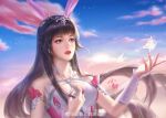  1girl absurdres animal_ears ba_bo_er_benbo_er blue_sky brown_hair bug butterfly clouds douluo_dalu dress hair_ornament highres long_hair open_mouth outstretched_hand pink_dress rabbit_ears sky solo teeth upper_body xiao_wu_(douluo_dalu) 