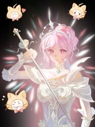  1girl absurdres animal armor backlighting bare_shoulders black_background breastplate cat chinese_commentary closed_mouth clothed_animal clothing_cutout collar collarbone commentary_request detached_collar dress earrings eyelashes frilled_arm_warmers hair_bun head_only high_collar highres holding holding_sword holding_weapon infinity_nikki jewelry lace_collar light_blush lips melody_bloom_(infinity_nikki) momo_(nikki) nikki_(nikki) nikki_(series) pink_eyes pink_hair rapier see-through_collar short_hair short_hair_with_long_locks short_sleeves shoulder_cutout shuiguo_wushi sidelocks single_hair_bun smile solo sword tiara updo upper_body variant_set wavy_hair weapon white_arm_warmers white_cat white_collar white_dress 