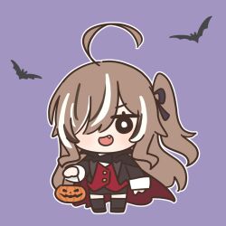  1girl ahoge bat_(animal) bat_wings black_cape bloodymoonia brown_hair buttons cape commentary english_commentary fang hair_over_one_eye halloween halloween_costume highres hololive hololive_english multicolored_hair nanashi_mumei red_cape red_vest shirt streaked_hair trick_or_treat two-sided_cape two-sided_fabric vampire vampire_costume vest virtual_youtuber wings 