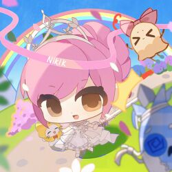  >_< 1girl ^_^ animal bare_arms bare_shoulders blue_flower blue_sky bow bowtie brown_eyes cat character_name chibi cloak closed_eyes clothed_animal coattails collar commentary_request day detached_collar dot_nose dress ear_covers esseling_(infinity_nikki) eyelashes eyes_visible_through_hair floral_print flower frilled_sleeves frills hair_bun holding holding_sword holding_weapon hood hood_up hooded_cloak hydrangea infinity_nikki large_bow light_blush looking_at_viewer medium_dress medium_skirt melody_bloom_(infinity_nikki) momo_(nikki) nikki_(nikki) nikki_(series) off-shoulder_dress off_shoulder open_mouth outdoors petals piecey pink_bow pink_hair pink_ribbon pleated_dress pleated_skirt purple_flower rainbow red_bow red_bowtie ribbon sad_sack_(infinity_nikki) shadow shoes short_hair_with_long_locks short_sleeves sidelocks single_hair_bun skirt skirt_under_dress sky smile suibian75776 sword tareme tiara traditional_bowtie weapon whiskers white_cat white_collar white_dress white_shoes white_skirt yellow_cloak 