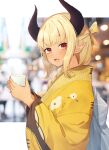  1girl absurdres bangs blurry blurry_background blush bokeh braid braided_ponytail breath cup dark-skinned_female dark_skin depth_of_field hands_up highres holding holding_cup horns isana615 japanese_clothes kimono long_sleeves looking_at_another looking_to_the_side open_mouth original pointy_ears red_eyes solo upper_body yellow_kimono 