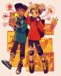  2boys adapted_costume arm_up backpack bag beanie bo9_(bo9_nc) bright_pupils brown_eyes brown_hair cable_knit capri_pants cup dark-skinned_male dark_skin drinking_straw grey_headwear hat headphones headphones_around_neck highres holding holding_cup hop_(pokemon) male_focus multiple_boys open_mouth pants pokemon pokemon_(game) pokemon_swsh purple_hair red_shirt shirt shoes short_hair sneakers socks spoken_symbol symbol-only_commentary t-shirt teeth tongue upper_teeth victor_(pokemon) white_pupils 