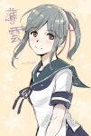  1girl blue_sailor_collar brown_eyes character_name commentary_request grey_hair hair_ribbon highres kantai_collection kurogin19 long_hair looking_at_viewer one-hour_drawing_challenge ponytail red_ribbon ribbon sailor_collar solo upper_body usugumo_(kancolle) 