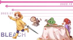  1046sstep_btoh 1boy 1girl abarai_ichika bag bleach bleach:_epilogue blue_pants boots braid braided_ponytail child commentary_request copyright_name food_in_mouth highres holding holding_bag kon_(bleach) kotatsu kurosaki_kazui mouth_hold orange_eyes orange_hair pants pointing raincoat red_hair rubber_boots scarf seaweed_ambassador single_braid table under_kotatsu under_table violet_eyes yellow_boots 