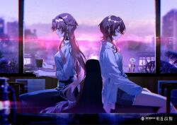  2girls asu_(sinsekai) bema_(sinsekai) brown_hair character_name closed_mouth commentary_request condensation copyright_name cup earrings flower from_side hair_ornament highres holding holding_cup indoors jane_doe_(song) jewelry kamitsubaki_studio kuga_huna multiple_girls official_art pink_hair profile rain sinsekai_record white_flower window window_fog 