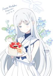  1girl birthday birthday_cake blue_archive blue_flower cake colored_eyelashes commentary_request dated flower food food_on_face forget-me-not_(flower) fork fruit grey_eyes hair_ornament halo happy_birthday highres holding holding_fork holding_plate komi_zumiko light_blush light_smile long_hair looking_at_viewer messy_eater nagusa_(blue_archive) plate sailor_collar school_uniform serafuku shirt skirt sleeveless sleeveless_shirt snowflake_hair_ornament snowflake_halo solo strawberry twitter_username watermark white_hair white_halo white_sailor_collar white_serafuku white_skirt 