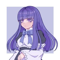  1girl black_dress bow colored_eyelashes commentary_request dress dress_bow frederica_bernkastel frilled_dress frills hime_cut layered_sleeves puffy_sleeves purple_bow purple_hair sidelocks solo tomorrow2311 two-tone_background umineko_no_naku_koro_ni violet_eyes wide_sleeves 