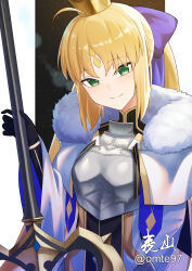  1girl absurdres ahoge armor armored_dress artoria_caster_(fate) artoria_caster_(third_ascension)_(fate) artoria_pendragon_(fate) black_gloves blonde_hair blue_ribbon blush bracelet breastplate breasts capelet crown dress facial_mark fate/grand_order fate_(series) forehead_mark fur-trimmed_capelet fur_trim gloves green_eyes hair_ribbon highres jewelry long_hair long_sleeves looking_at_viewer marmyadose_(fate) omte97 polearm ribbon small_breasts smile solo staff thighs twintails weapon white_capelet white_dress wide_sleeves 