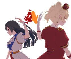  2girls arched_crown ascot black_hair blonde_hair blue_shirt bow bowtie burn!!_(love_live!) circle_of_love_(love_live!) commentary crown daikuro_(adddaik) elbow_gloves english_commentary gloves grey_eyes highres jacket love_live! love_live!_nijigasaki_high_school_idol_club love_live!_nijigasaki_high_school_idol_club_the_movie_-_finale midriff miyashita_ai multiple_girls open_clothes open_jacket orange_eyes ponytail profile puffy_short_sleeves puffy_sleeves red_crown red_jacket shirt short-sleeved_jacket short_sleeves simple_background tilted_headwear v-shaped_eyebrows white_ascot white_background white_bow white_bowtie white_gloves white_jacket yuki_setsuna 