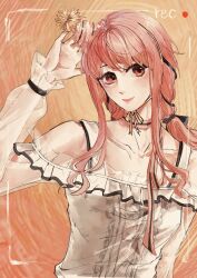  1girl absurdres bare_shoulders birthday black_bow black_ribbon bow bow_choker bowtie brown_eyes buttons center_frills chinese_commentary choker closed_mouth clothing_cutout collarbone commentary_request eyelashes frilled_shirt frilled_sleeves frills hair_bow hair_ribbon happy hat highres infinity_nikki leer567325 light_blush lipstick long_hair long_sidelocks long_sleeves looking_at_viewer loose_hair_strand low_twintails makeup neck_ribbon nikki_(nikki) nikki_(series) orange_background palms party_hat perfect_start_(infinity_nikki) pink_bow pink_bowtie pink_choker pink_hair pink_hat pink_lips pointy_nose pom_pom_(clothes) print_sleeves puffy_long_sleeves puffy_sleeves recording ribbon see-through_clothes see-through_sleeves shirt shoulder_cutout sidelocks single_stripe sleeves_past_wrists smile snowflake_print solo striped_bow striped_bowtie striped_choker striped_clothes striped_headwear tress_ribbon twintails upper_body viewfinder wavy_hair white_shirt yellow_ribbon 