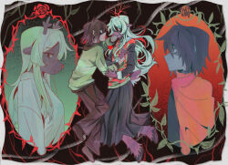  1girl 1other antlers black_hair black_pants black_skirt blonde_hair blue_skin brown_hair cape colored_skin commentary covering_another's_mouth deer_tail deltarune english_commentary flower furry furry_female goomyloid green_sweater highres hood hooves horns kris_(dark_world)_(deltarune) kris_(deltarune) long_hair long_skirt noelle_holiday noelle_holiday_(dark_world) pants plant red_cape red_eyes red_flower red_rose robe rose side_cape single_horizontal_stripe skirt sweater tail thorns utdr_(toby_fox) very_long_hair vines weird_route_(deltarune) white_robe 