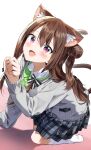  1girl :d all_fours animal_ear_fluff animal_ears bangs blush bow brown_hair cat_ears cat_girl cat_tail collared_shirt commentary_request double_bun eyebrows_visible_through_hair fang green_bow grey_skirt grey_sweater hair_between_eyes hair_bow hair_bun highres long_hair long_sleeves original pentagon_(railgun_ky1206) plaid plaid_skirt pleated_skirt school_uniform shirt skirt sleeves_past_wrists smile solo striped striped_bow sweater tail two_side_up violet_eyes white_background white_shirt 