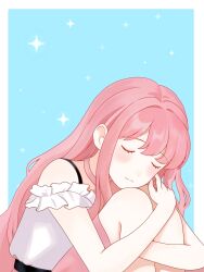  1girl bare_arms bare_legs blue_background blunt_bangs border bra_strap chinese_commentary choker closed_eyes closed_mouth commentary_request cowboy_shot dot_nose expressionless eyelashes fetal_position frilled_sleeves frills hair_intakes hair_undone highres hugging_own_legs infinity_nikki light_blush long_hair long_sidelocks medium_skirt mofei_(xinjinjumin201230878497) nikki_(nikki) nikki_(series) off-shoulder_shirt off_shoulder outside_border perfect_start_(infinity_nikki) pink_choker pink_hair pink_skirt pleated_skirt shirt short_sleeves sidelocks simple_background skirt solo sparkle very_long_hair wavy_hair white_border white_shirt 