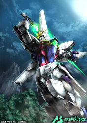  after_war_gundam_x card_(medium) commentary_request copyright_logo copyright_name copyright_notice energy_sword gundam gundam_arsenal_base gundam_x logo mecha mecha_focus mobile_suit no_humans official_art robo_misucha robot satellite_cannon sword v-fin weapon 