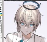  1boy arknights bishounen blue_eyes drawing_tablet earpiece executor_(arknights) halo male_focus mechanical_halo pienahenggou short_hair simple_background solo white_background white_hair 