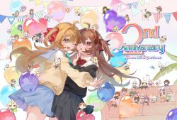  4boys 6+girls ahoge aqua_bow aqua_bowtie balloon black_cardigan black_skirt blue_eyes blue_sailor_collar blue_skirt bow bowtie broken_heart broken_heart_hair_ornament brown_hair cardigan chibi coach commentary cowboy_shot dress_shirt english_commentary evil_neuro-sama from_side hair_ribbon heart heart_balloon highres lexingzi long_hair long_sleeves looking_at_viewer marisaunatyusha miniskirt multiple_boys multiple_girls neuro-sama one_eye_closed open_mouth original pleated_skirt red_bow red_bowtie red_eyes red_ribbon ribbon sailor_collar shirt skirt two_side_up vedal_ai virtual_youtuber white_shirt yellow_cardigan 