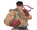  1boy abs belt black_belt black_hair clenched_hands closed_mouth dougi fighting_stance fingerless_gloves gloves headband large_pectorals looking_at_viewer male_focus muscular muscular_male nt_(gun-ash) pectorals red_gloves red_headband ryu_(street_fighter) short_hair simple_background solo street_fighter street_fighter_6 torn_clothes upper_body white_background 