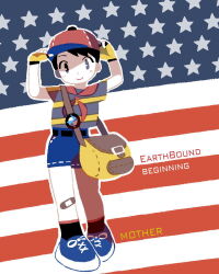  1boy adjusting_clothes adjusting_headwear american_flag bandaid bandaid_on_knee bandaid_on_leg baseball_cap black_socks blue_shoes blue_shorts copyright_name fingerless_gloves franklin_badge full_body gloves hat male_focus mother_(series) mother_1 ninten pac-man_eyes red_hat shirt shoes short_hair shorts smile sneakers socks striped_clothes striped_shirt tanba_(tanba-art) yellow_bag yellow_gloves 