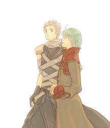  2boys armor assassin_(ragnarok_online) blue_eyes brown_coat closed_mouth coat commentary_request cowboy_shot dated_commentary expressionless fingerless_gloves gloves green_eyes green_hair grey_gloves grey_pants grey_scarf grey_shirt long_sleeves looking_at_another male_focus multicolored_coat multiple_boys oomojiya pants pauldrons priest_(ragnarok_online) ragnarok_online red_coat scarf shirt short_bangs short_hair shoulder_armor simple_background two-tone_coat white_background white_hair 