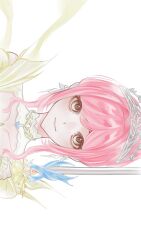  1girl absurdres bare_shoulders brown_eyes chinese_commentary closed_mouth clothing_cutout collar collarbone commentary_request detached_collar dot_nose dress eyelashes feather-trimmed_dress frilled_arm_warmers gusangyin hair_bun happy highres holding holding_sword holding_weapon infinity_nikki lace_collar melody_bloom_(infinity_nikki) nikki_(nikki) nikki_(series) pink_hair short_hair_with_long_locks short_sleeves shoulder_cutout sidelocks sideways simple_background single_hair_bun smile solo straight-on sword tiara updo upper_body weapon white_arm_warmers white_background white_collar yellow_dress 