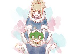  2girls blonde_hair blue_scarf blush brother_and_sister coat dr._stone food fruit fur-trimmed_coat fur-trimmed_sleeves fur_trim green_eyes hands_on_another's_shoulders high_ponytail kohaku_(dr._stone) light_blush light_smile mask mask_on_head multiple_girls ninomae_gin open_mouth outstretched_arms ponytail rope rope_around_neck rope_necklace scarf siblings sidelocks signature simple_background smile spiky_hair suika_(dr.stone) teeth upper_teeth_only watermelon white_rope winter winter_clothes winter_coat 