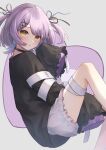  1girl absurdres bandaged_leg bandages bangs black_jacket bloomers blush choker feet_out_of_frame grey_background hair_ornament hand_up highres isana615 jacket looking_at_viewer parted_lips purple_hair shinomiya_runa short_hair sleeves_past_fingers sleeves_past_wrists solo two_side_up underwear virtual_youtuber vspo! x_hair_ornament yellow_eyes 