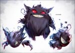  artist_name colored_sclera disembodied_limb gastly gengar ghost grey_background grin haunter k-suwabe pokemon pokemon_(creature) red_eyes red_sclera smile teeth 