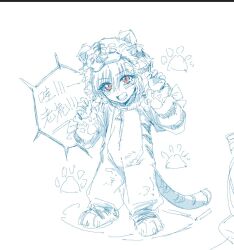  1girl age_regression aged_down animal_hood blue_theme child claw_pose commentary full_body hood katsuragi_izumi link!_like!_love_live! long_sleeves love_live! monochrome onesie open_mouth orange_eyes paw_print sketch slit_pupils solo spot_color standing symbol-only_commentary tiger_hood virtual_youtuber yrxy_settingsun 