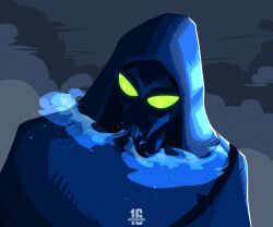  1boy absurdres ace_(imajination16) alien artist_logo artist_name ben_10 ben_10:_alien_force big_chill blue_cloak blue_skin breath cloak colored_sclera colored_skin commentary english_commentary glowing glowing_eyes green_eyes green_sclera highres hood hood_up logo male_focus no_humans no_pupils smoke solo upper_body 