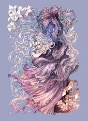  1girl alternate_form artist_name commentary crossed_arms curtained_hair elden_ring elden_ring:_shadow_of_the_erdtree face_in_hair highres liuyuart long_hair purple_background purple_liquid short_sleeves sleeping solo st._trina_(elden_ring) tunic wavy_hair white_hair white_tunic 