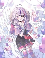  1girl :d ahoge balloon box braid cake cake_slice chair choker commentary_request copyright_name eyepatch fence food frilled_shirt frills from_above gift gift_box gloves hat heart heart_ahoge heart_balloon holding holding_saucer karo_(karohroka) looking_at_viewer maria_marionette maria_marionette_(farmer) marippet_(maria_marionette) medium_hair multicolored_hair nijisanji nijisanji_en off-shoulder_shirt off_shoulder official_alternate_costume official_alternate_hairstyle official_art on_chair overalls petals pink_eyes pink_hair plant purple_hair ribbon sample_watermark saucer shirt sir_ventrilo_(maria_marionette) sitting smile solo straw_hat streaked_hair teeth twin_braids upper_teeth_only vines virtual_youtuber watermark white_gloves 