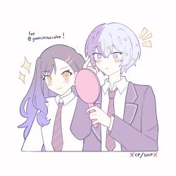  +_+ 1boy 1girl aoyagi_touya aryorl black_hair blazer blue_hair breasts closed_mouth collared_shirt commentary diagonal-striped_clothes diagonal-striped_necktie english_commentary gradient_hair hair_ornament hairpin hands_up highres holding holding_mirror jacket kamiyama_high_school_uniform_(project_sekai) lapels layered_clothes long_hair long_sleeves looking_at_mirror mirror multicolored_hair necktie notched_lapels notice_lines open_clothes open_jacket orange_eyes project_sekai school_uniform shiraishi_an shirt short_hair simple_background smile sparkle split-color_hair star_(symbol) star_hair_ornament striped_clothes two-tone_hair upper_body white_background white_shirt 