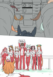  animal_ears brown_hair cabinet carpet crown domino_mask ear_covers el_condor_pasa_(umamusume) eye_mask fuji_kiseki_(umamusume) grass_wonder_(umamusume) green_hair haru_urara_(umamusume) headband hiding highres horse_ears horse_girl horse_tail horseshoe king_halo_(umamusume) long_hair mask multicolored_hair orange_hair pink_crown pink_hair ponekusan ponytail red_headband seiun_sky_(umamusume) short_hair silence_suzuka_(umamusume) special_week_(umamusume) standing sweatdrop t.m._opera_o_(umamusume) tail tracen_training_uniform two-tone_hair umamusume under_covers white_hair 